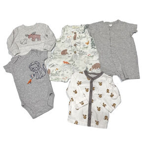 Lot of 5 Baby Boys 3-6M Rompers, Bodysuits, Top Animals Gray Daycare Play